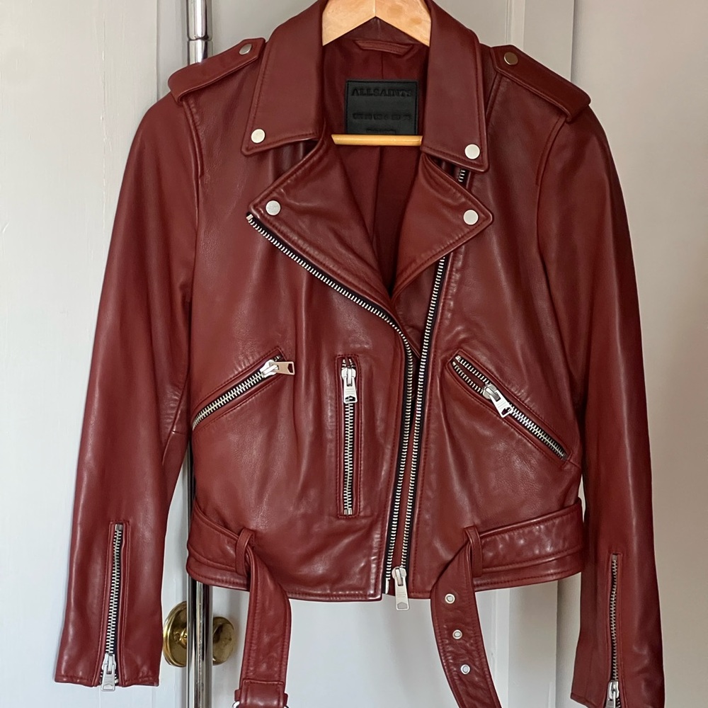 NWOT AllSaints Red Burgundy Leather Balfern Biker Jacket with Zipper Details